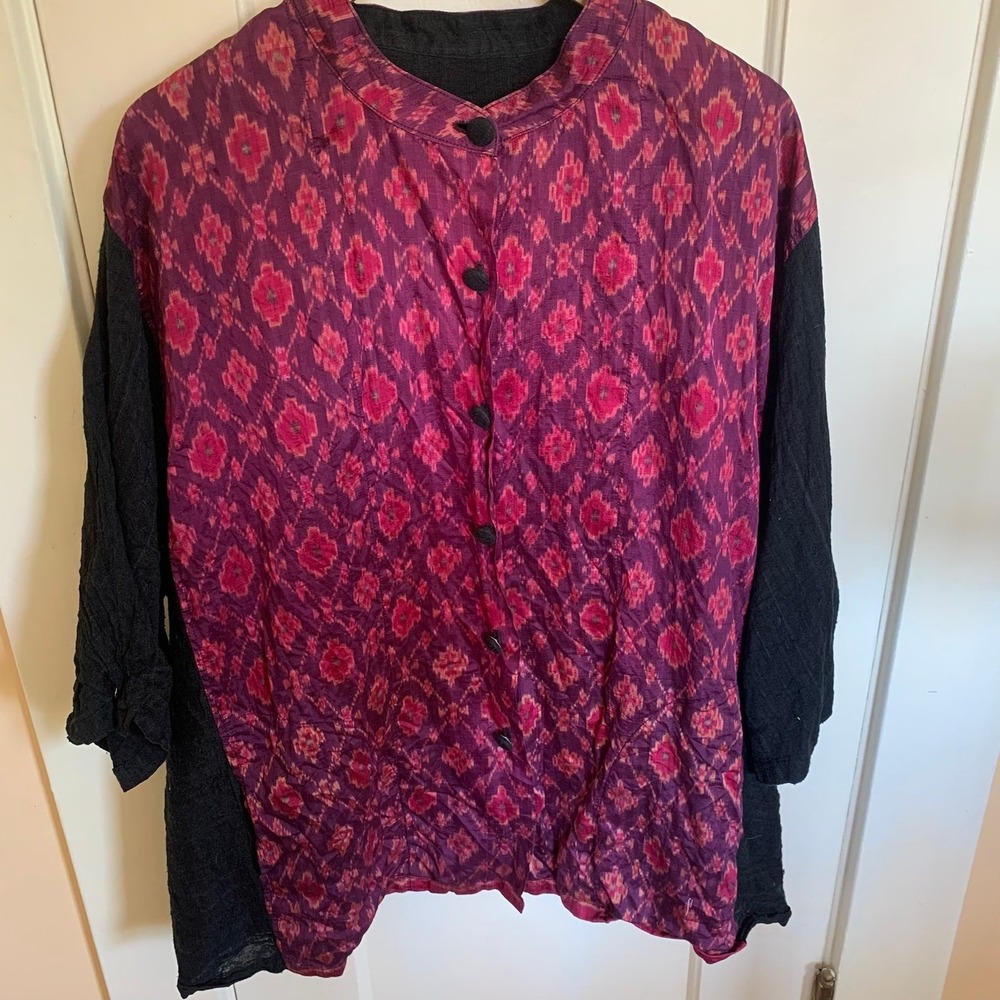 Vintage Ikat Button Front Tunic Blouse Black Pink Purple Geometric Oversized